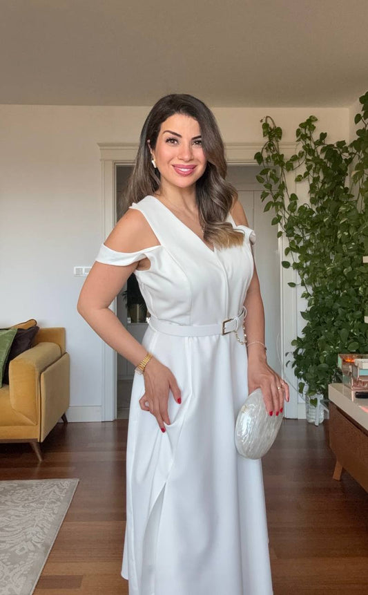 COLD-SHOULDER A-LINE DRESS - WHITE