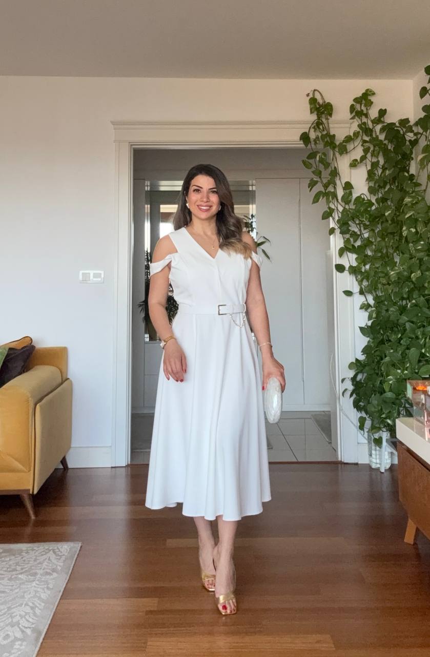 COLD-SHOULDER A-LINE DRESS - WHITE