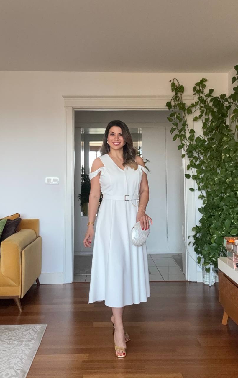 COLD-SHOULDER A-LINE DRESS - WHITE