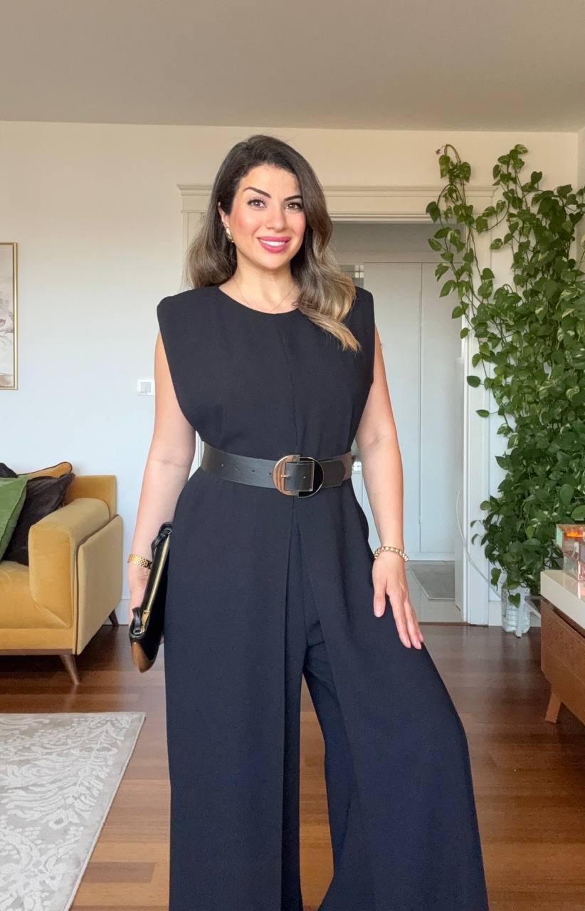 SLEEVELESS WIDE-LEG BELTED JUMPSUIT – BLACK