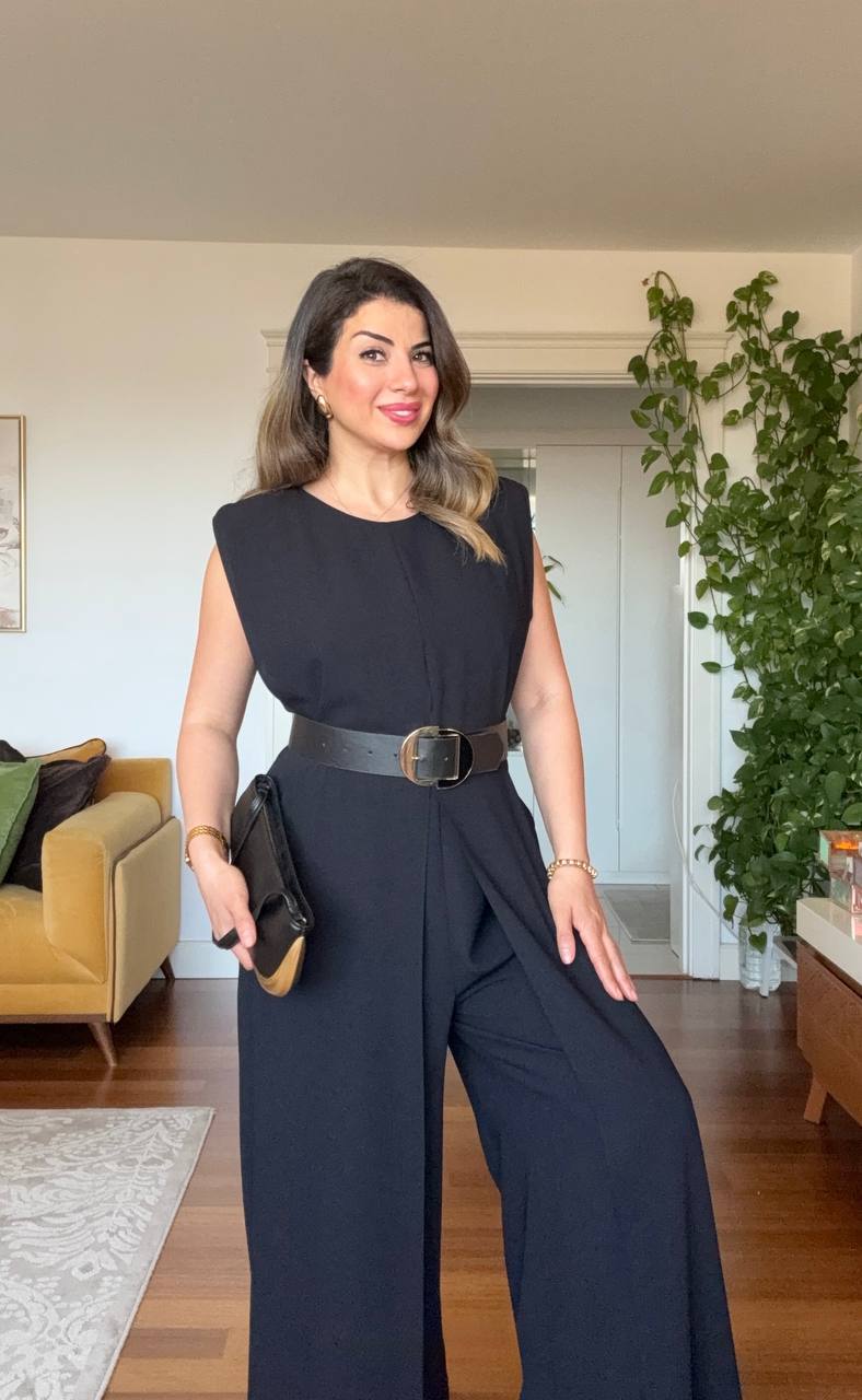 SLEEVELESS WIDE-LEG BELTED JUMPSUIT – BLACK