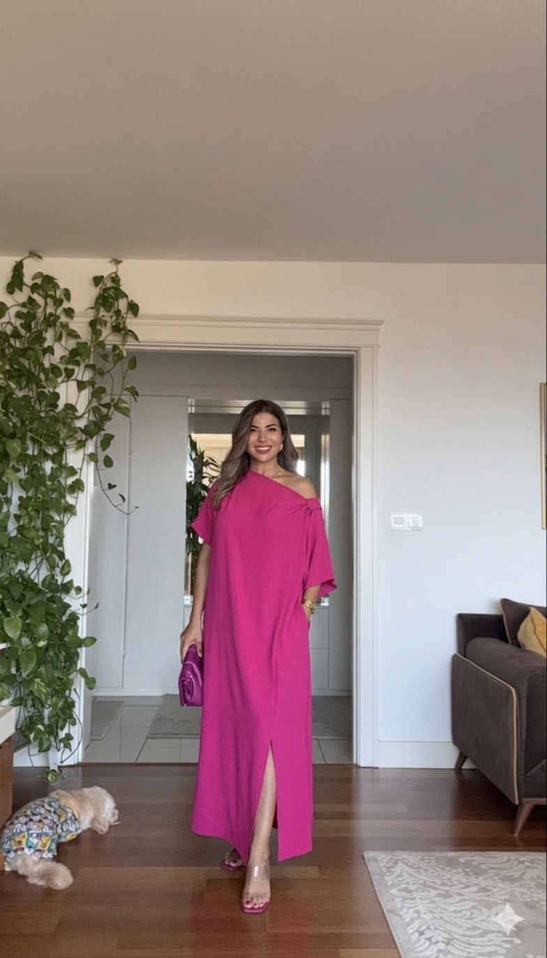ASYMMETRICAL ONE-SHOULDER MAXI DRESS – FUCHSIA