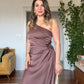 ASYMMETRICAL CUT WAIST DETAIL DRESS - BROWN