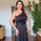 ONE SHOULDER SATIN MAXI DRESS BLACK