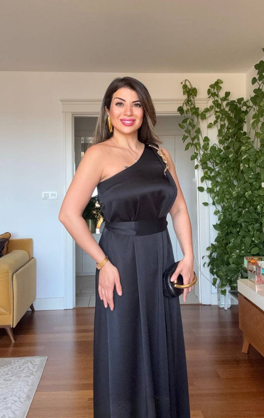 ONE SHOULDER SATIN MAXI DRESS BLACK