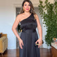 ONE SHOULDER SATIN MAXI DRESS BLACK