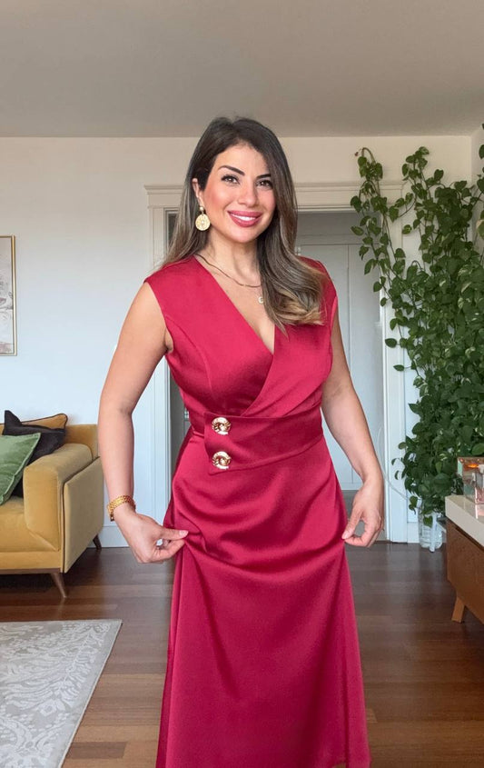 GOLD BUTTON DETAIL WRAP DRESS – BURGUNDY
