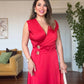 GOLD BUTTON DETAIL WRAP DRESS – RED