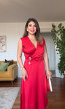 GOLD BUTTON DETAIL WRAP DRESS – RED