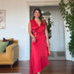 GOLD BUTTON DETAIL WRAP DRESS – RED