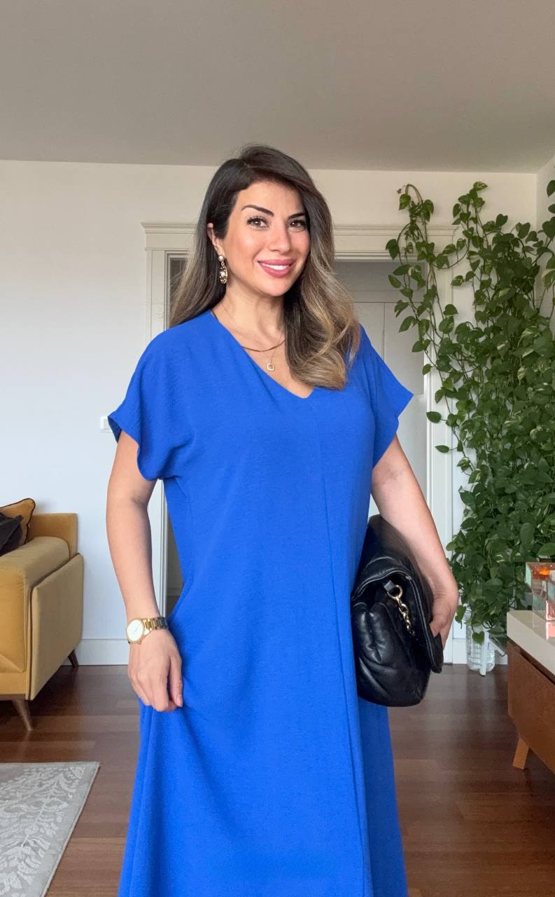 V-NECK OVERSIZED MAXI DRESS - SAX BLUE