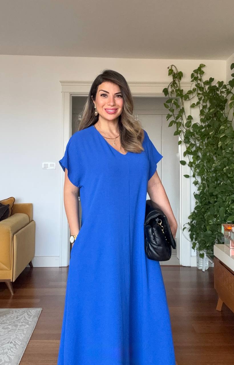 V-NECK OVERSIZED MAXI DRESS - SAX BLUE