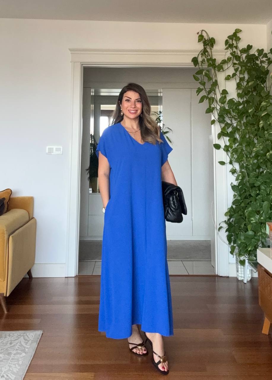 V-NECK OVERSIZED MAXI DRESS - SAX BLUE