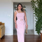 SQUARE NECK BELTED ASYMMETRICAL MIDI DRESS - POWDER PINK