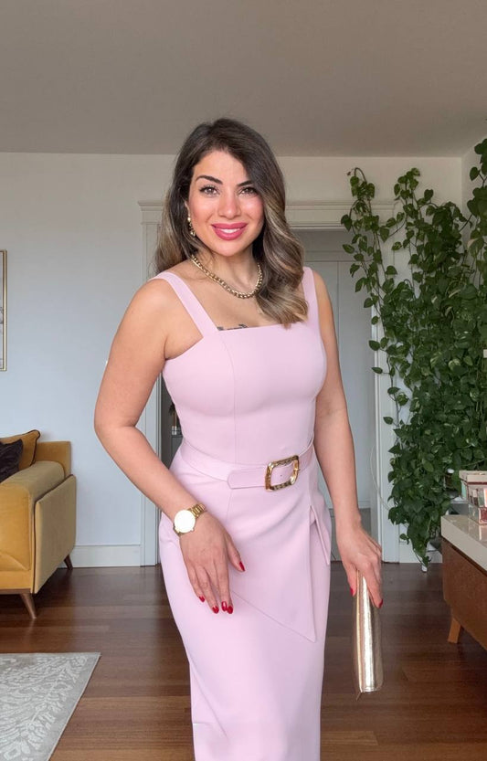 SQUARE NECK BELTED ASYMMETRICAL MIDI DRESS - POWDER PINK