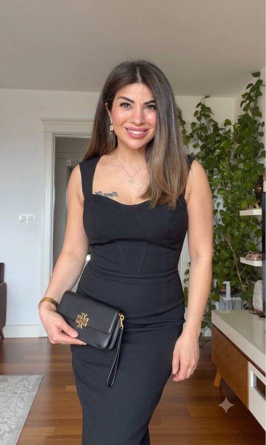 SWEETHEART NECKLINE MIDI DRESS - BLACK
