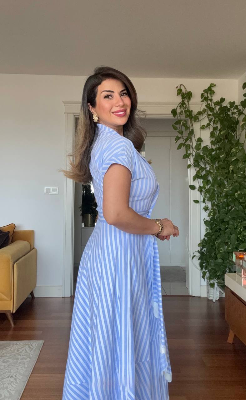 BLUE WHITE STRIPED LACE HEM MIDI SHIRT DRESS – BLUE