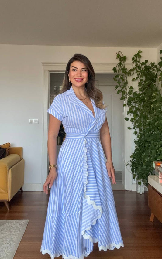 BLUE WHITE STRIPED LACE HEM MIDI SHIRT DRESS – BLUE