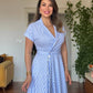 BLUE WHITE STRIPED LACE HEM MIDI SHIRT DRESS – BLUE
