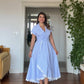 BLUE WHITE STRIPED LACE HEM MIDI SHIRT DRESS – BLUE