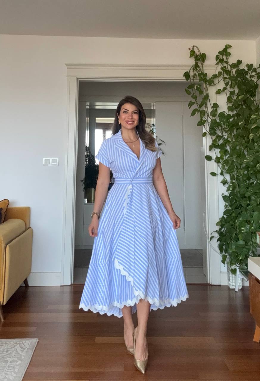 BLUE WHITE STRIPED LACE HEM MIDI SHIRT DRESS – BLUE