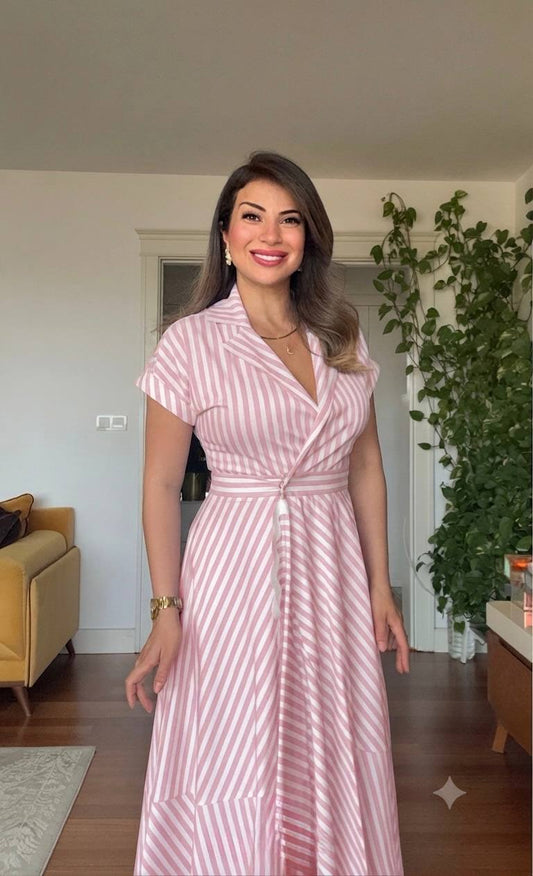 BLUE WHITE STRIPED LACE HEM MIDI SHIRT DRESS – PINK