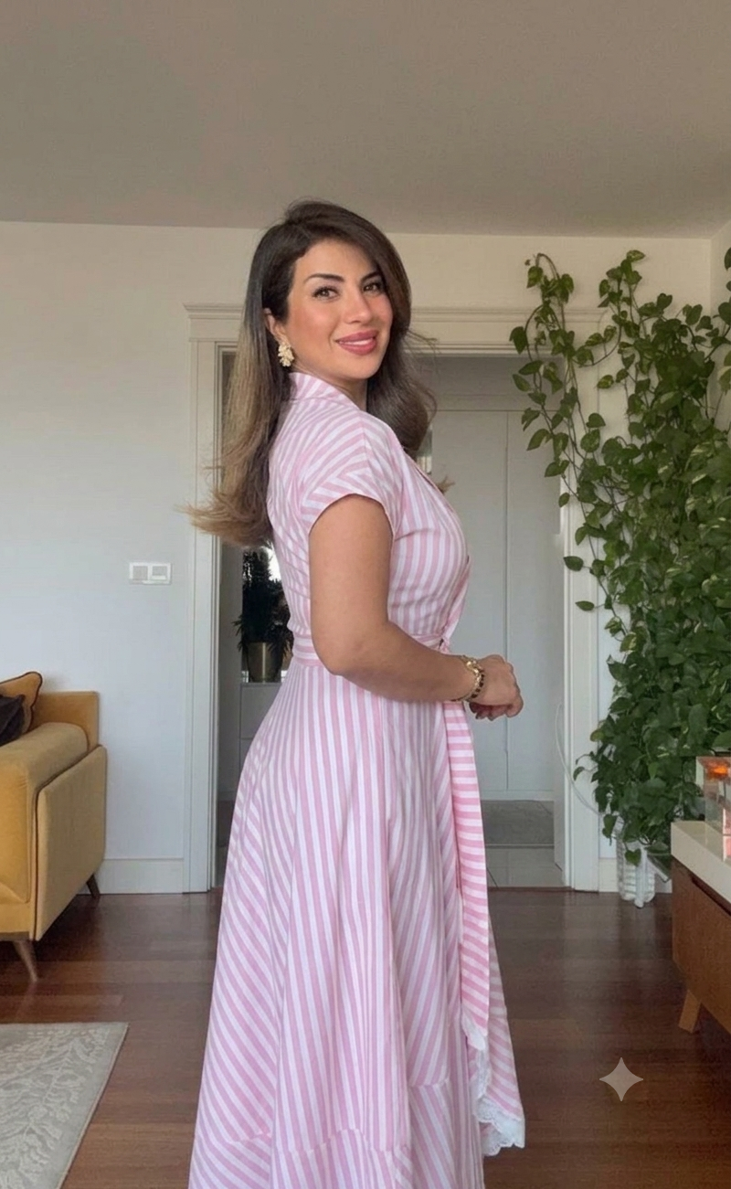 BLUE WHITE STRIPED LACE HEM MIDI SHIRT DRESS – PINK