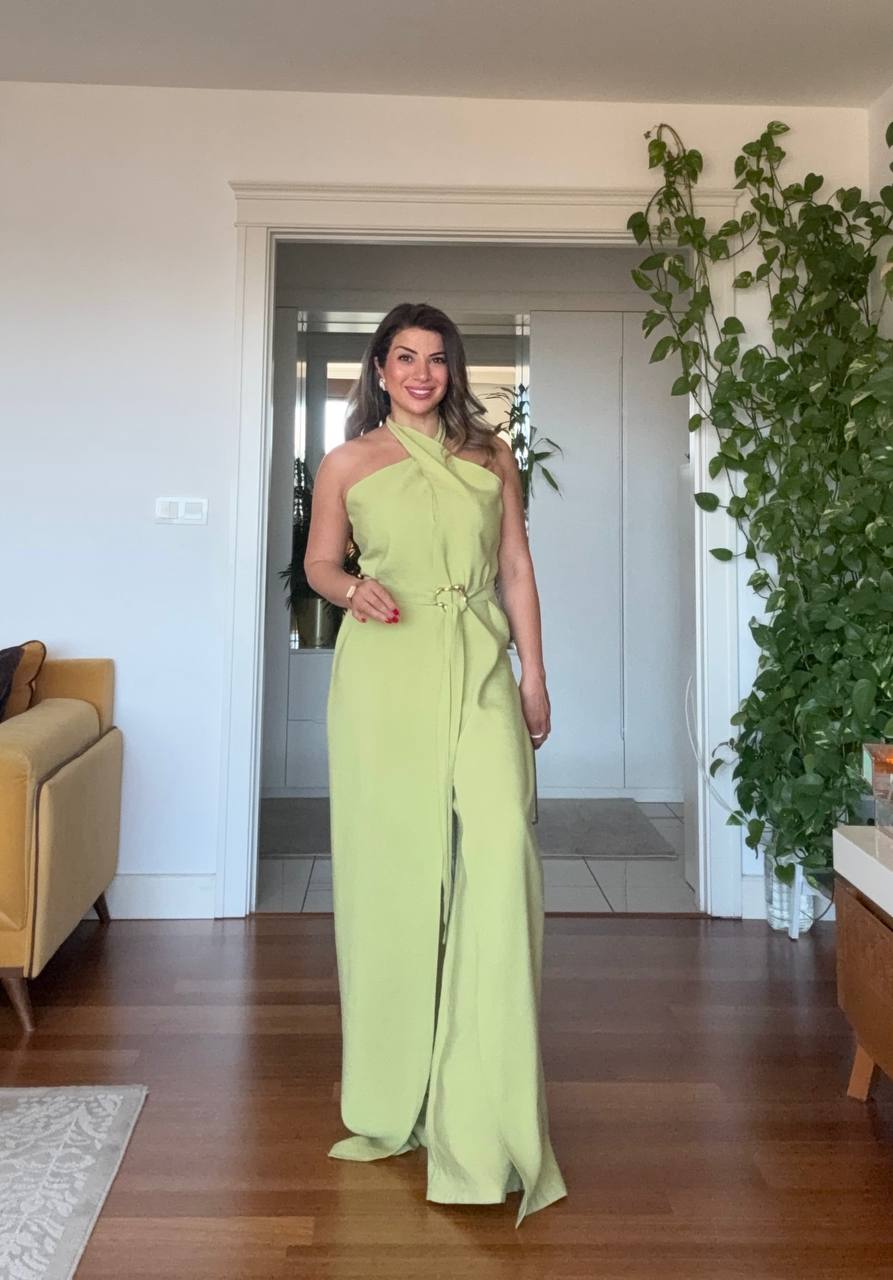 HALTER NECK BELTED WIDE LEG JUMPSUIT - LIME