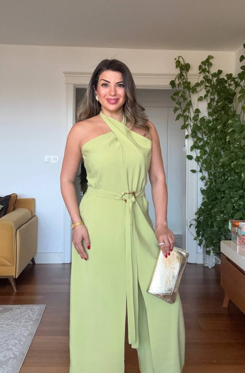HALTER NECK BELTED WIDE LEG JUMPSUIT - LIME