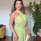 HALTER NECK BELTED WIDE LEG JUMPSUIT - LIME