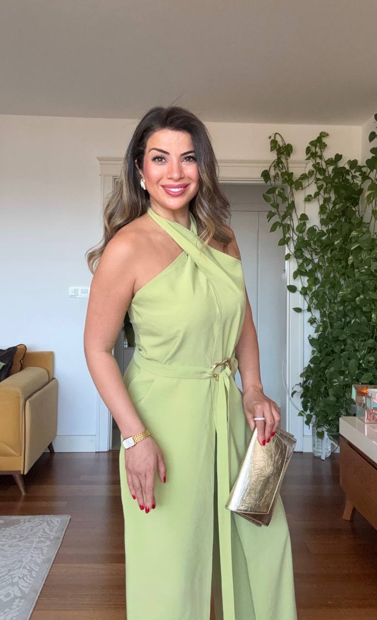 HALTER NECK BELTED WIDE LEG JUMPSUIT - LIME