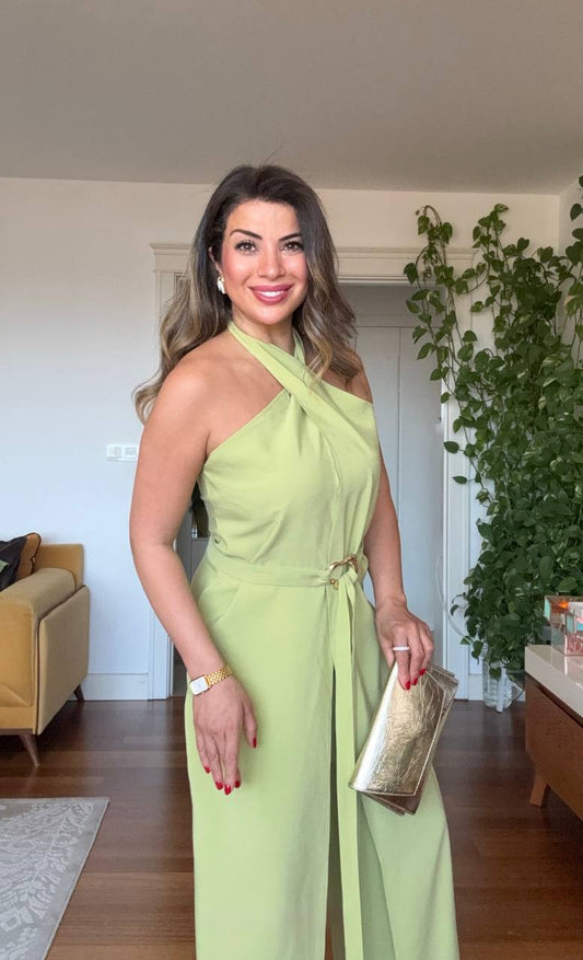 HALTER NECK BELTED WIDE LEG JUMPSUIT - LIME