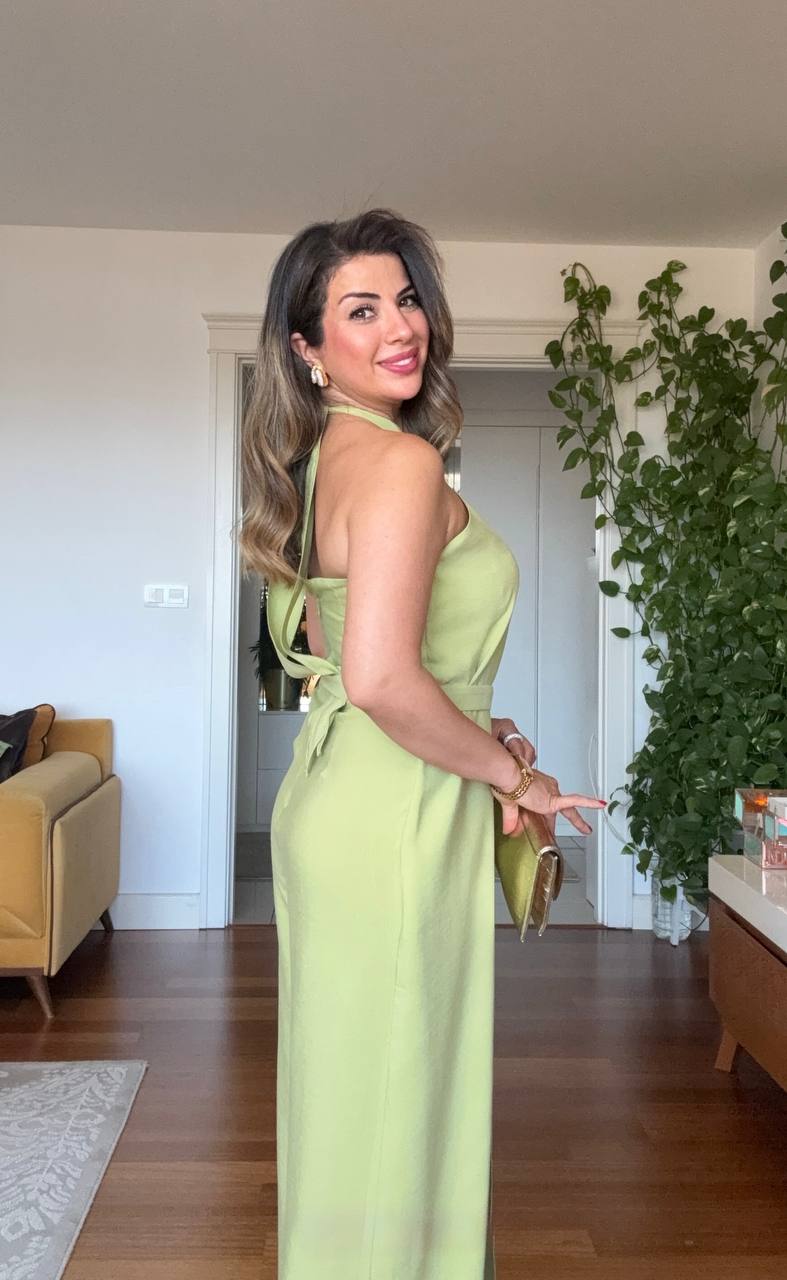 HALTER NECK BELTED WIDE LEG JUMPSUIT - LIME
