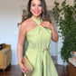 HALTER NECK BELTED WIDE LEG JUMPSUIT - LIME
