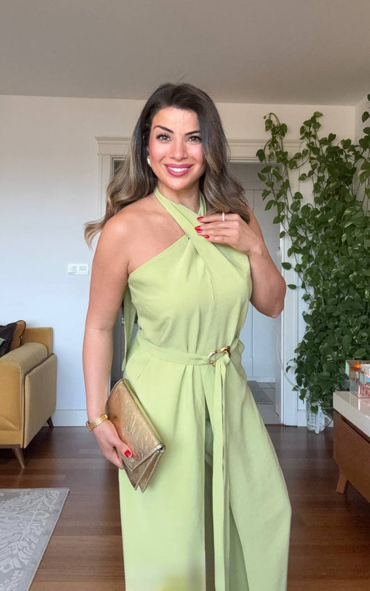 HALTER NECK BELTED WIDE LEG JUMPSUIT - LIME