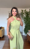 HALTER NECK BELTED WIDE LEG JUMPSUIT - LIME