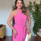 HALTER NECK BELTED WIDE LEG JUMPSUIT - PINK