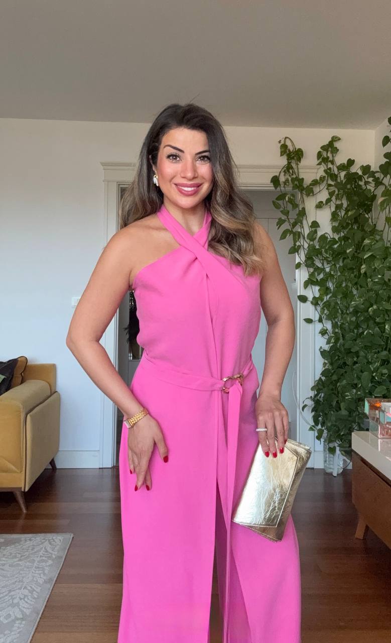 HALTER NECK BELTED WIDE LEG JUMPSUIT - PINK