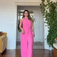 HALTER NECK BELTED WIDE LEG JUMPSUIT - PINK