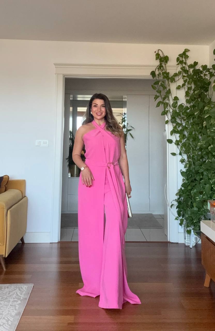 HALTER NECK BELTED WIDE LEG JUMPSUIT - PINK