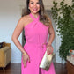 HALTER NECK BELTED WIDE LEG JUMPSUIT - PINK