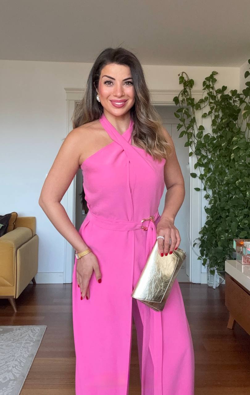 HALTER NECK BELTED WIDE LEG JUMPSUIT - PINK