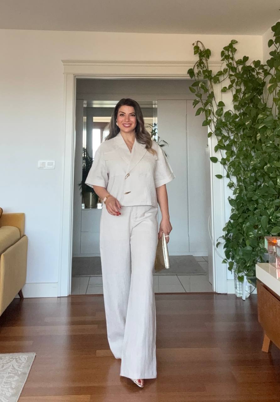SHORT SLEEVE JACKET AND PALAZZO PANTS CO-ORD SET - SAND BEIGE
