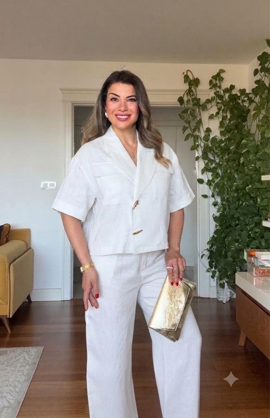 SHORT SLEEVE JACKET AND PALAZZO PANTS CO-ORD SET - WHİTE