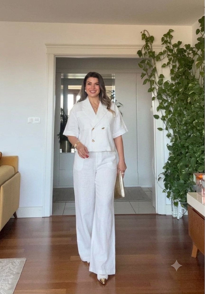 SHORT SLEEVE JACKET AND PALAZZO PANTS CO-ORD SET - WHİTE