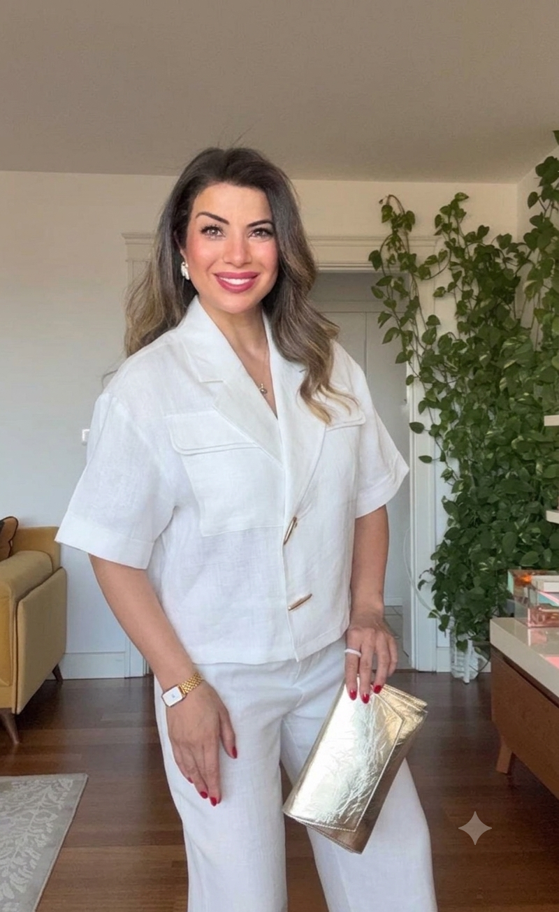 SHORT SLEEVE JACKET AND PALAZZO PANTS CO-ORD SET - WHİTE