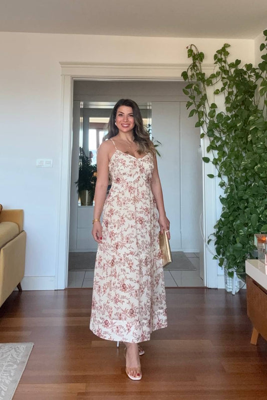 STRAPPY FLORAL MAXI DRESS ECRU