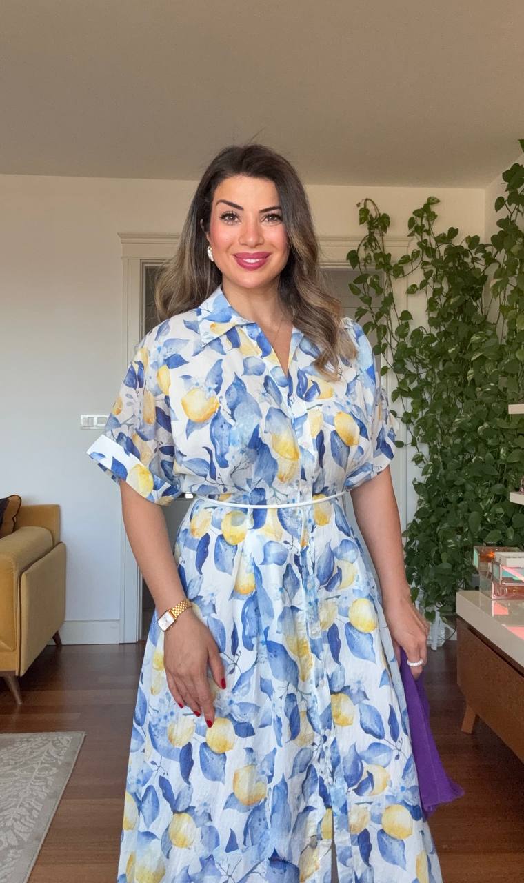 LEMON PRINT SHIRT COLLAR MAXI DRESS - BLUE