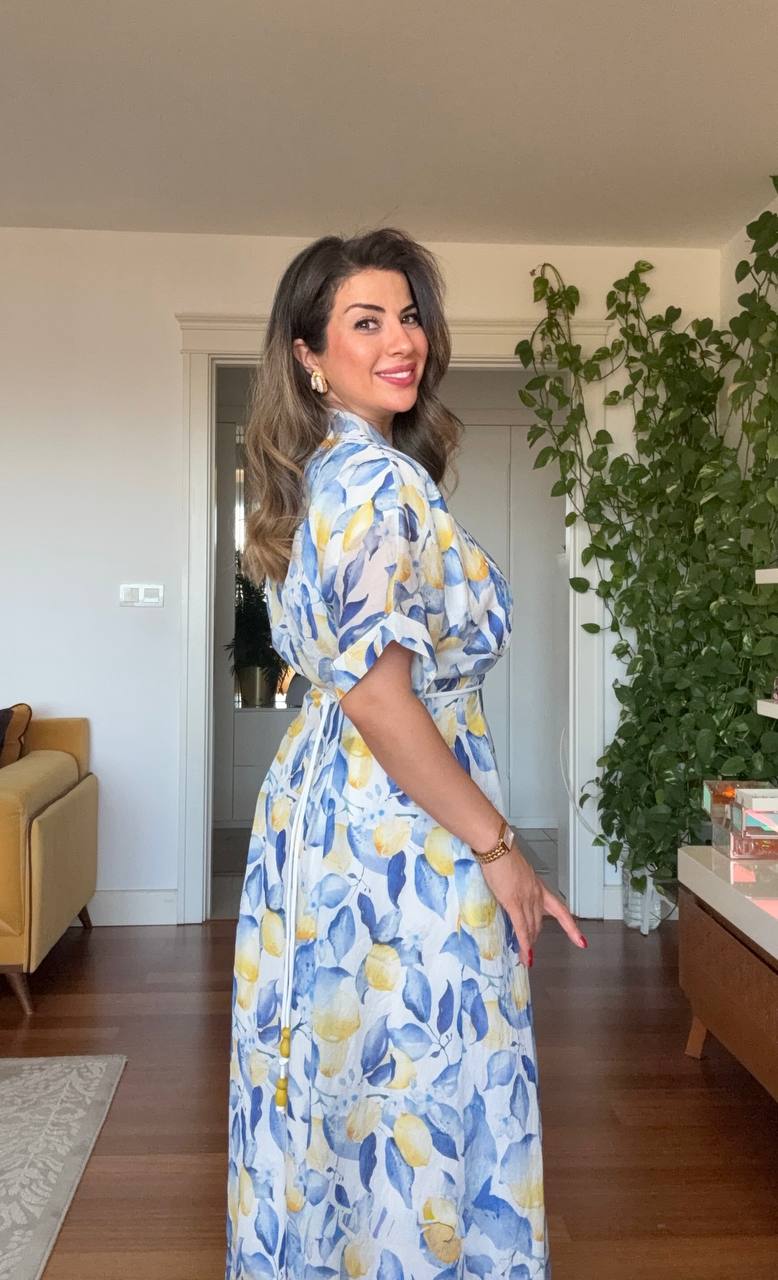 LEMON PRINT SHIRT COLLAR MAXI DRESS - BLUE