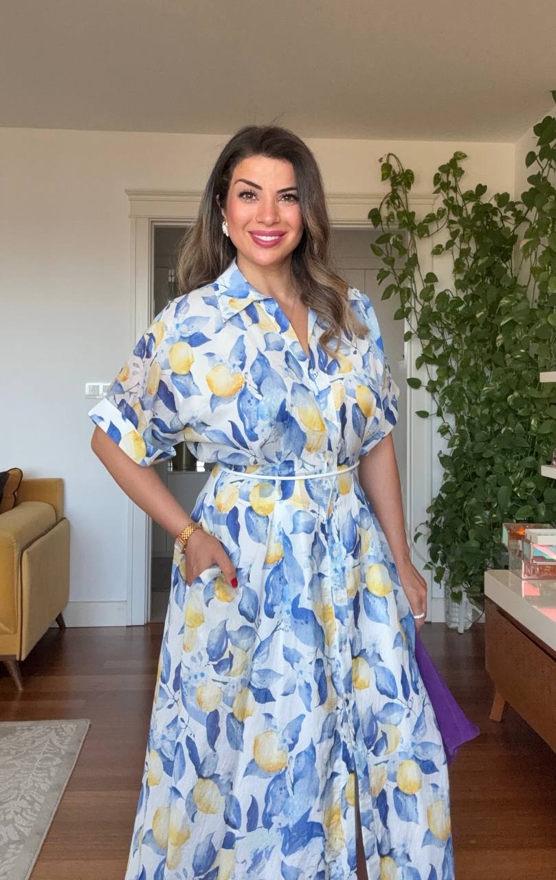LEMON PRINT SHIRT COLLAR MAXI DRESS - BLUE
